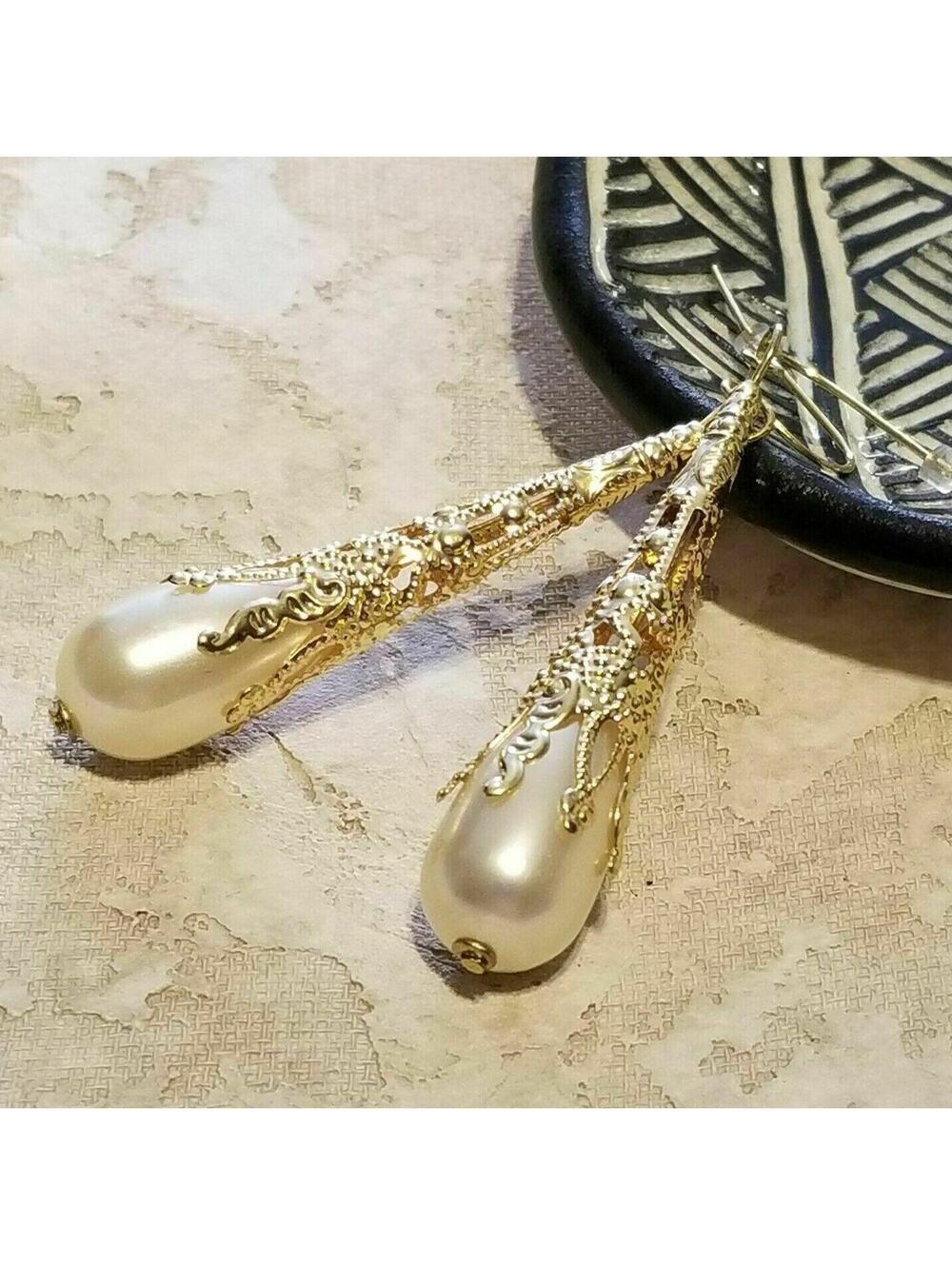 Gold 14K Plated Victorian Filigree White Faux Pearl Long Drop Earrings Handmade